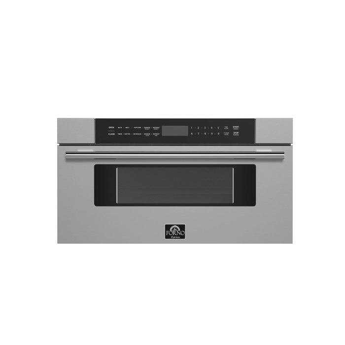 FORNO 5-Piece Stainless Steel Kitchen Bundle – Home Depot Exclusive – 48” French Door Gas Range, 48” Wall Mount Range Hood, 30” Microwave Drawer, 24” Built-In Dishwasher, 2×28” Convertible Refrigerator Freezer with Decorative Trim | SKU: FBDL-THD-004