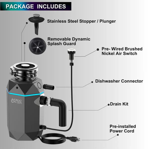 FORNO Acqua BrightDiamond 1HP Super Quiet Garbage Disposal Corded with Motion Sensor Cabinet Light & Pre-Wired Air Switch