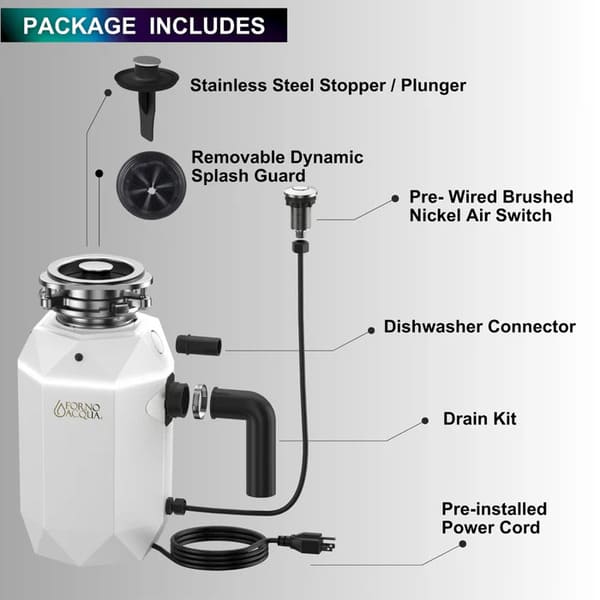 FORNO Acqua BrightDiamond 1HP Super Quiet Garbage Disposal Corded with Motion Sensor Cabinet Light & Pre-Wired Air Switch