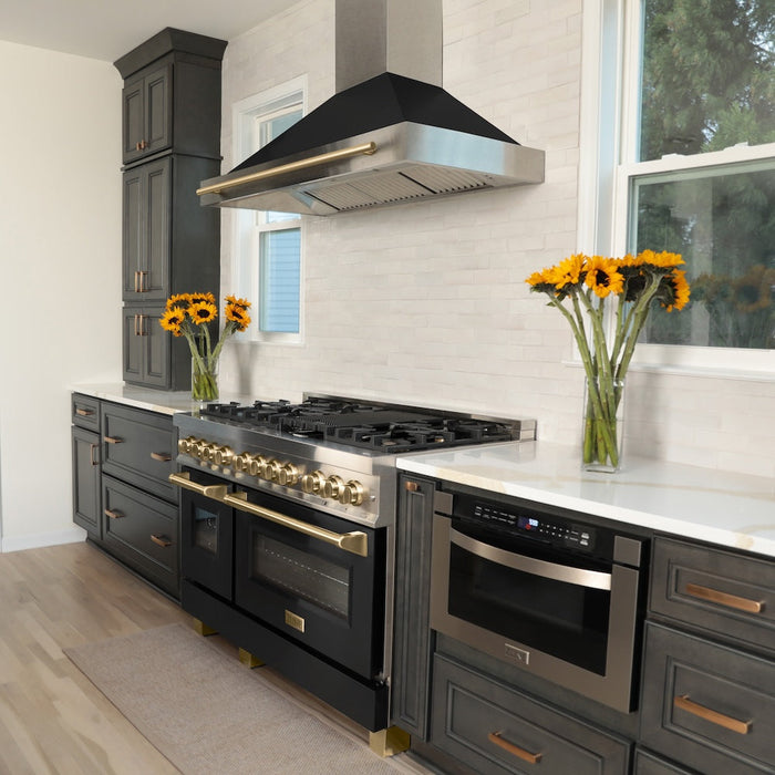 ZLINE Autograph Edition 48 in. Convertible Satin Stainless Steel Wall Mount Range Hood with Black Matte Shell and Accent Handle (KB4SNZ-BLM48)
