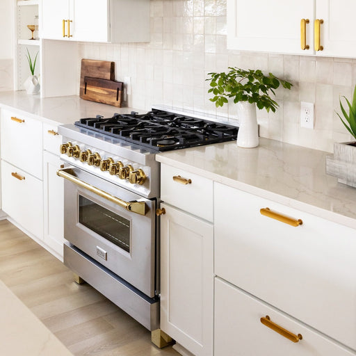 ZLINE Autograph Edition 36 in. 4.6 cu. ft. Legacy Dual Fuel Range with 6 Burner Gas Cooktop and Electric Convection Oven in Stainless Steel and Polished Gold Accents (RAZ-36-G)