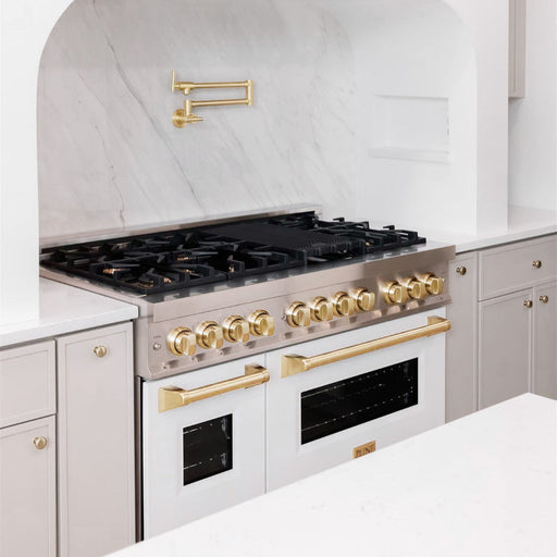 ZLINE Autograph Edition 48 in. 6.0 cu. ft. Legacy Dual Fuel Range with 7 Burner Gas Cooktop and 2 Electric Ovens in Stainless Steel with White Matte Doors and Polished Gold Accents (RAZ-WM-48-G)
