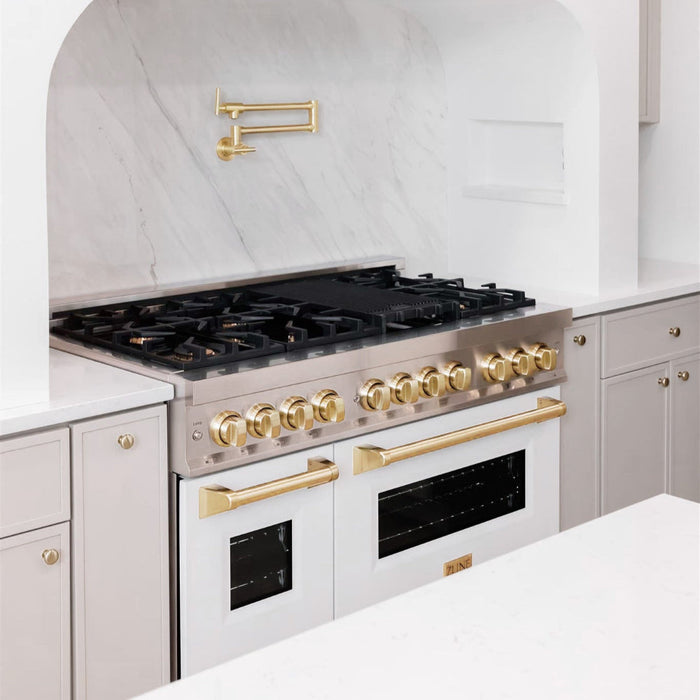 ZLINE Autograph Edition 48 in. 6.0 cu. ft. Legacy Dual Fuel Range with 7 Burner Gas Cooktop and 2 Electric Ovens in Stainless Steel with White Matte Doors and Polished Gold Accents (RAZ-WM-48-G)