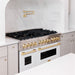 ZLINE Autograph Edition 48 in. 6.0 cu. ft. Legacy Dual Fuel Range with 7 Burner Gas Cooktop and 2 Electric Ovens in Stainless Steel with White Matte Doors and Polished Gold Accents (RAZ-WM-48-G)