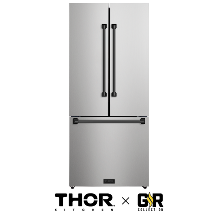 Gordon Ramsay by THOR Kitchen 30" 17.5 cu. ft. French Door Counter Depth Refrigerator with Ice Maker in Matte Black with Stainless Steel Accents, RF3017FFD99