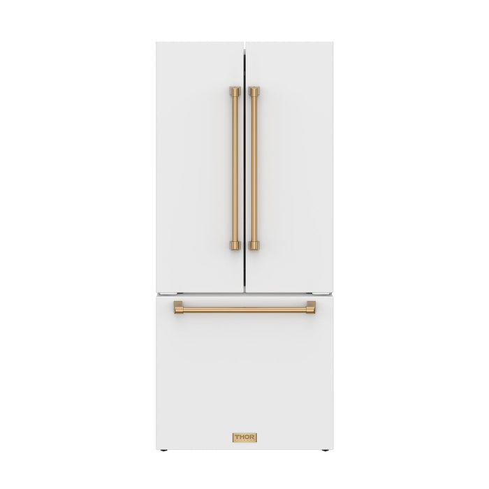 Gordon Ramsay THOR 30" White French Door Refrigerator - White / Bronze - front door closed with logo