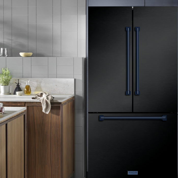 Gordon Ramsay by THOR Kitchen Package - 30" Electric Range, 36" Refrigerator with Ice Maker and Dishwasher in Black Matte with Navy Blue Accents, AP-RSE30B-2