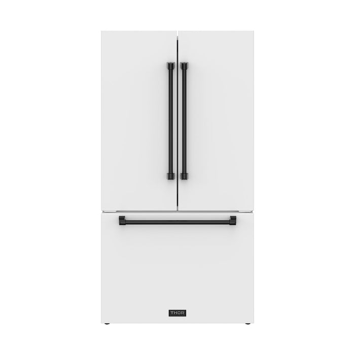 Gordon Ramsay THOR 36" White French Door Refrigerator - White / Black - front door closed with logo