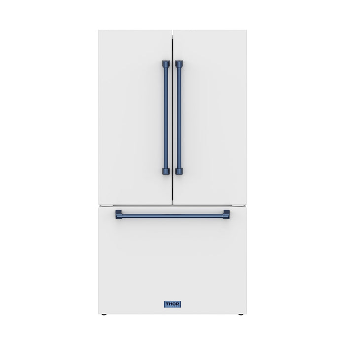 Gordon Ramsay THOR 36" White French Door Refrigerator - White / Blue - front door closed with logo