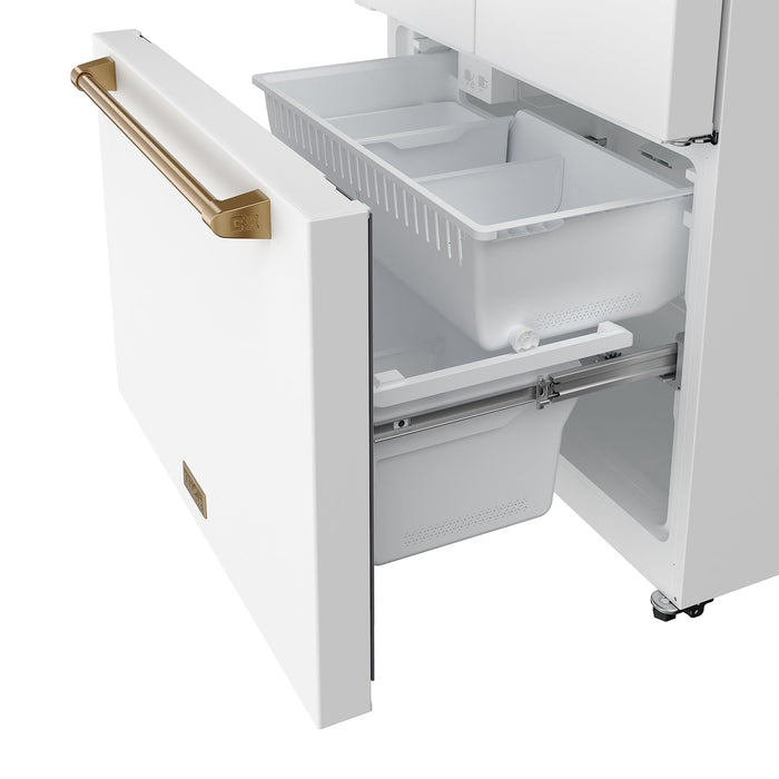 Gordon Ramsay THOR 36" White French Door Refrigerator - White / Bronze - close up of color hardware