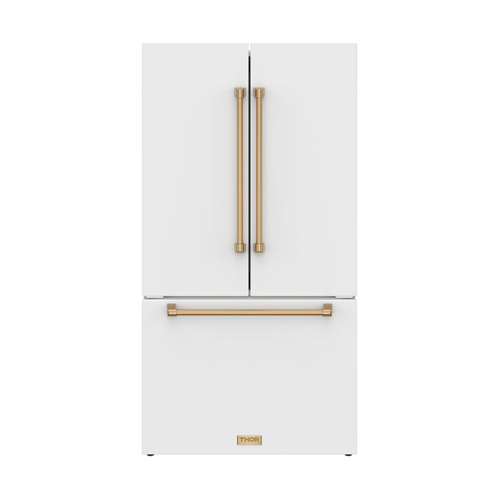 Gordon Ramsay THOR 36" White French Door Refrigerator - White / Bronze - front door closed with logo