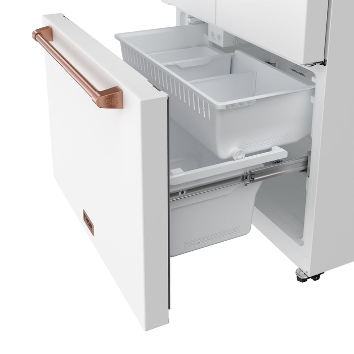 Gordon Ramsay THOR 36" White French Door Refrigerator - White / Rose Gold - close up of color hardware