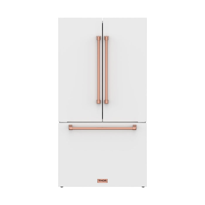 Gordon Ramsay THOR 36" White French Door Refrigerator - White / Rose Gold - front door closed with logo