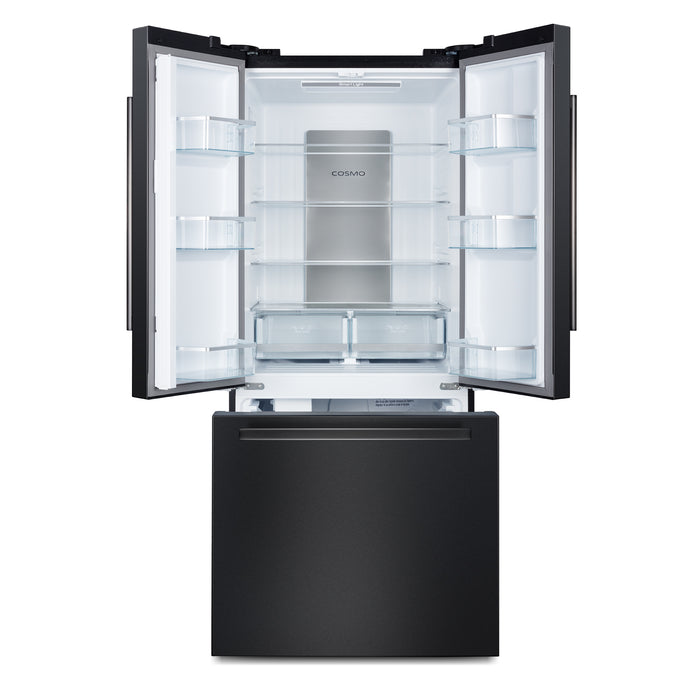 Cosmo 30 in. Vista Collection 17.5 cu. ft. Counter Depth 3-Door French Door Refrigerator, Freezer Drawer, Handles, Matte Black - COS-RFFV183GHBK