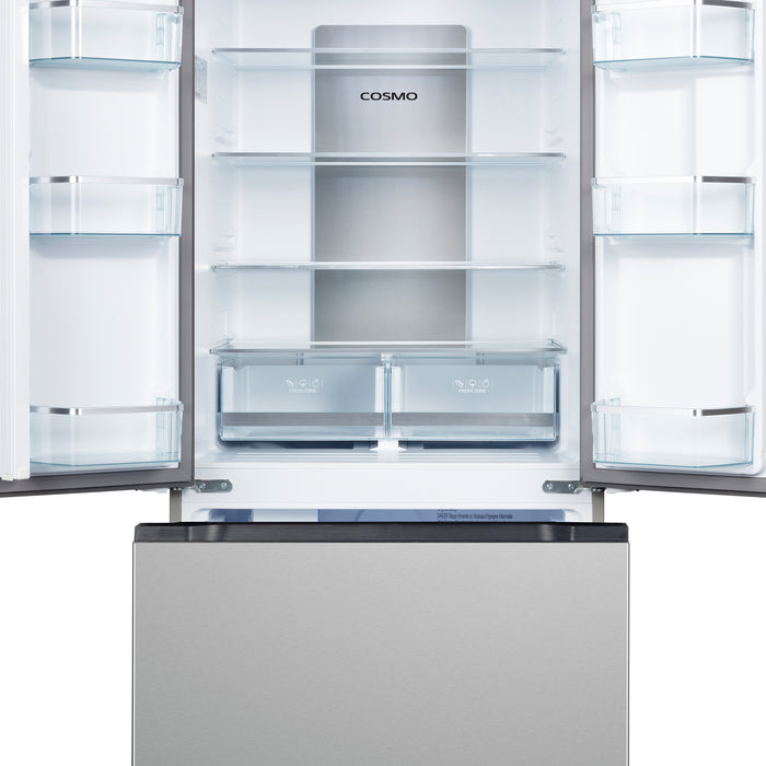 Cosmo 17.5 cu. ft. Counter Depth 3-Door French Door Refrigerator with Recessed Handles - COS-RFFV183RS