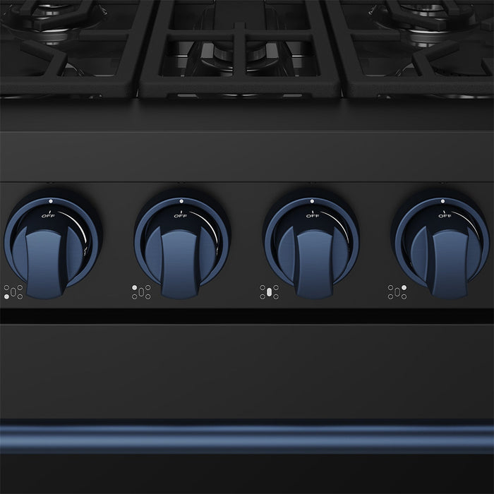 Gordon Ramsay THOR 30" Black Gas Range RSG30PB - Black / Blue - close up of color hardware