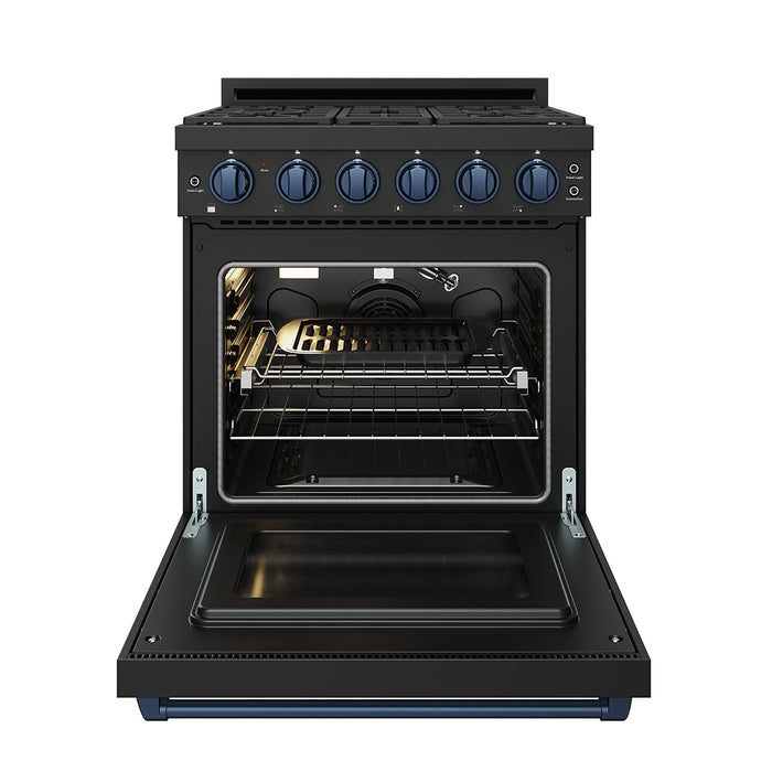 Gordon Ramsay THOR 30" Black Gas Range RSG30PB - Black / Blue - front door open with grill pan