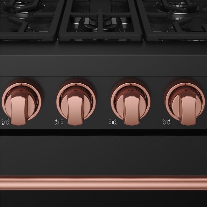 Gordon Ramsay THOR 30" Black Gas Range RSG30PB - Black / Rose Gold - close up of color hardware
