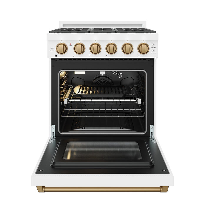 Gordon Ramsay THOR 30" White Gas Range RSG30PW-BRZ - White / Bronze - front door open with grill pan