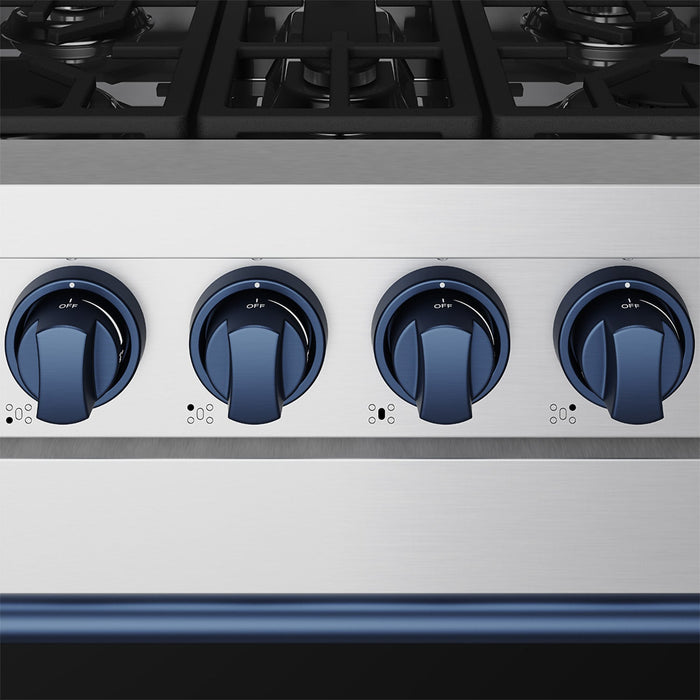Gordon Ramsay THOR 30" Gas Range RSG30P - Stainless Steel / Blue - close up of color hardware