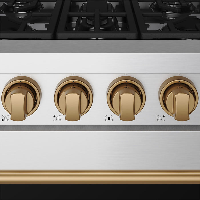 Gordon Ramsay THOR 30" Gas Range RSG30P - Stainless Steel / Bronze - close up of color hardware