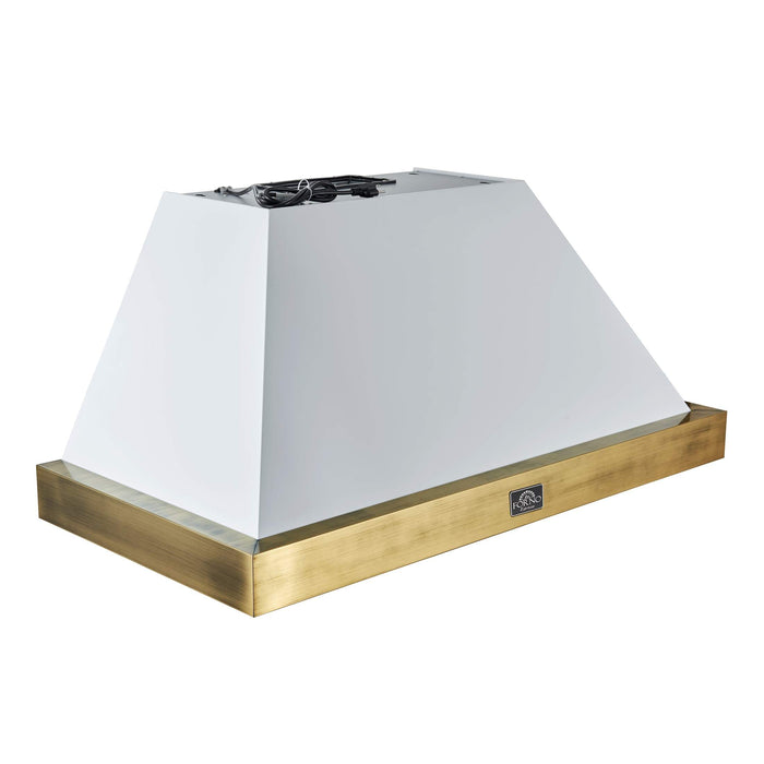 Forno Vittorio 48-Inch Wall Mount Range Hood, White with Antique Brass Trim, 424 CFM Airflow, Dishwasher-Safe Baffle Filters, Remote Control, 3-Speed Fan, Bright LED Lighting