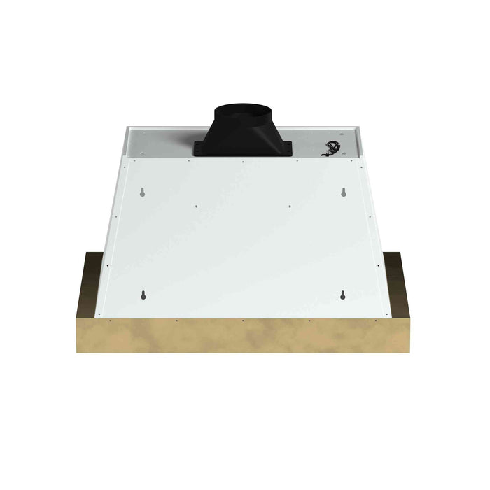 Forno Vittorio 36-Inch Wall Mount Range Hood, White with Antique Brass Trim, 424 CFM Airflow, Dishwasher-Safe Baffle Filters, Remote Control, 3-Speed Fan, Bright LED Lighting.