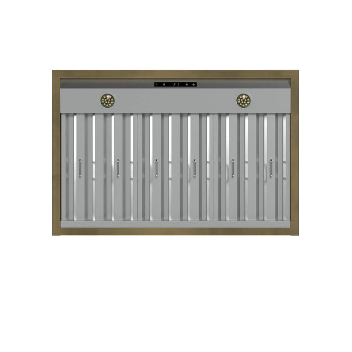 Forno Vittorio 36-Inch Wall Mount Range Hood, White with Antique Brass Trim, 424 CFM Airflow, Dishwasher-Safe Baffle Filters, Remote Control, 3-Speed Fan, Bright LED Lighting.