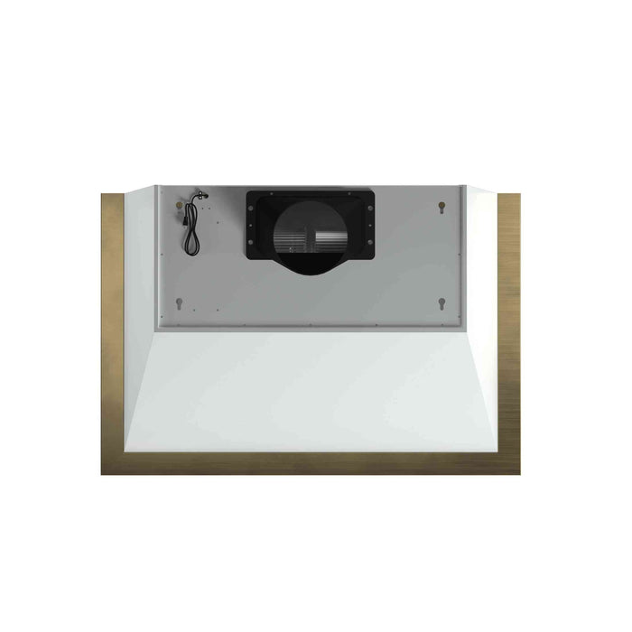 Forno Vittorio 36-Inch Wall Mount Range Hood, White with Antique Brass Trim, 424 CFM Airflow, Dishwasher-Safe Baffle Filters, Remote Control, 3-Speed Fan, Bright LED Lighting.