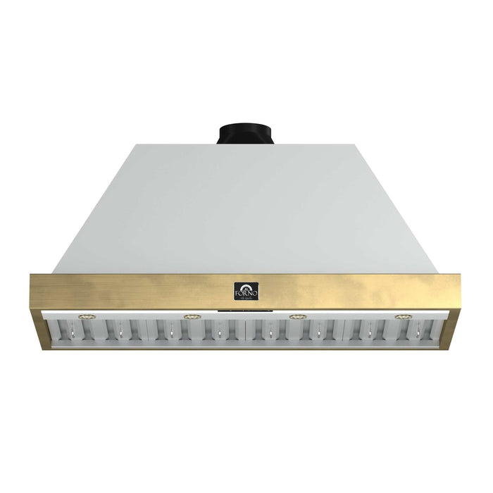 Forno Vittorio 48-Inch Wall Mount Range Hood, White with Antique Brass Trim, 424 CFM Airflow, Dishwasher-Safe Baffle Filters, Remote Control, 3-Speed Fan, Bright LED Lighting