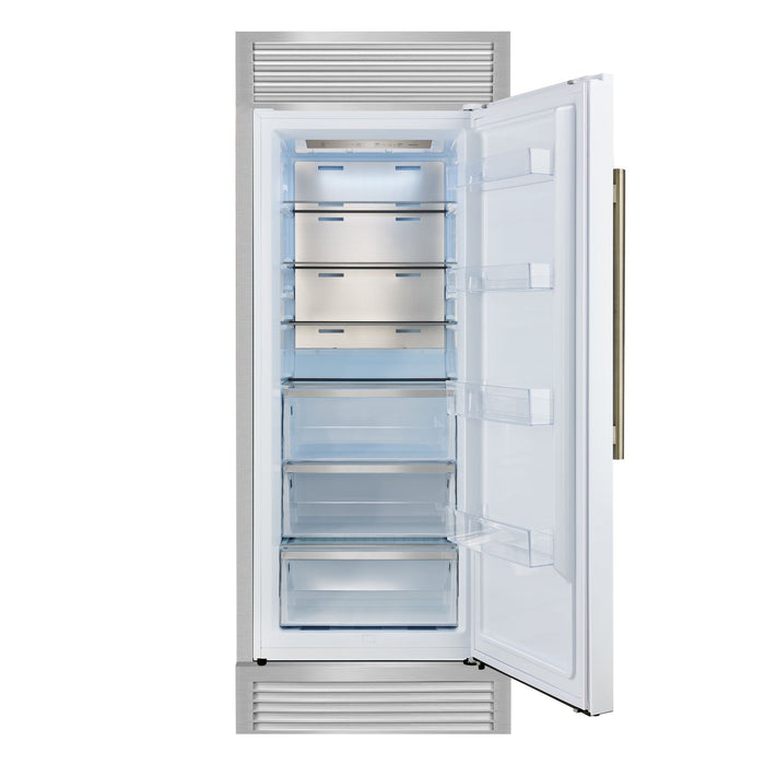 Forno Maderno 28-Inch Built-In Convertible Refrigerator in White with Antique Brass Handle, 13.6 cu.ft. Right Swing with Decorative Trim - 32-Inch Wide