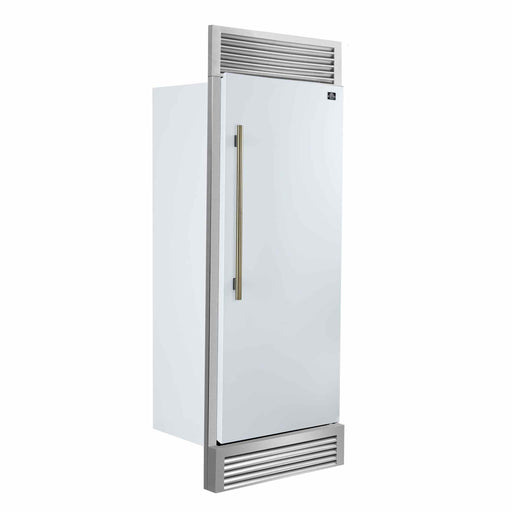 Forno Maderno 28-Inch Built-In Convertible Refrigerator in White with Antique Brass Handle, 13.6 cu.ft. Right Swing with Decorative Trim - 32-Inch Wide