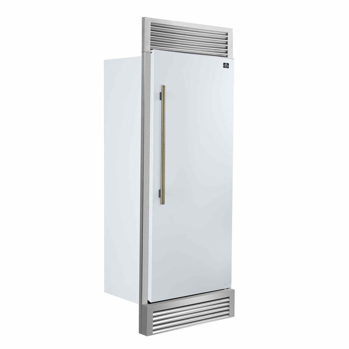 Forno Maderno 28-Inch Built-In Convertible Refrigerator in White with Antique Brass Handle, 13.6 cu.ft. Right Swing with Decorative Trim - 32-Inch Wide