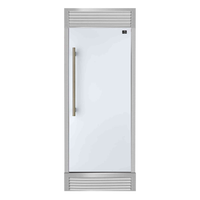 Forno Maderno 28-Inch Built-In Convertible Refrigerator in White with Antique Brass Handle, 13.6 cu.ft. Right Swing with Decorative Trim - 32-Inch Wide