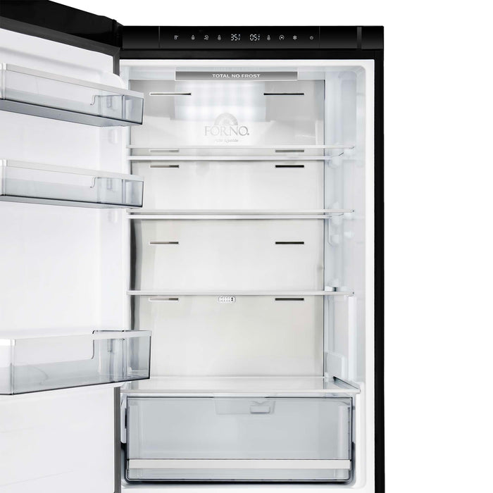 Forno 24inch Counter depth freestanding Bottom mount refrigerator with automatic ice, left swing door open,  Black color