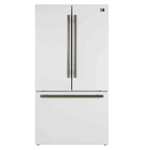 Forno Rivello 36 Inch French Door Refrigerator in White with Antique Brass, Internal Water Dispenser, Filtered Ice, Adjustable Shelves, Energy Star Certified