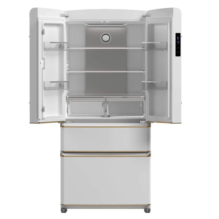 Forno Luigi 33-Inch French Door Refrigerator, 18 cu.ft, White Finish, Antique Brass Handles, ENERGY STAR Certified