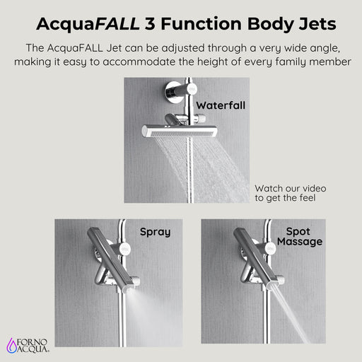 Forno Acqua AcquaFALL Shower, Polished Stainless Steel Finish, Overhead Rainfall Shower, Handheld Shower Head, Body Jets, 1.8 GPM Flow Rate