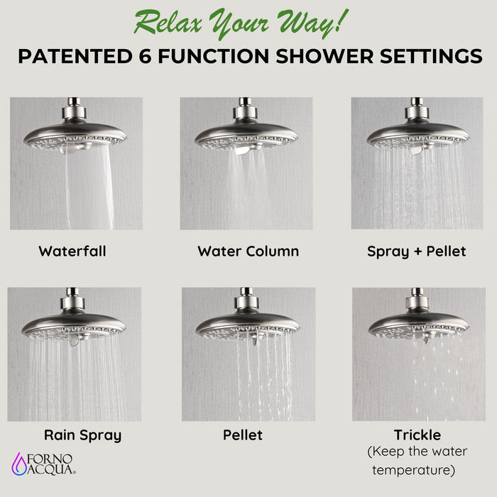 Forno Acqua AcquaFALL Shower, Brushed Nickel Finish, Overhead Rainfall Shower, 7 Way Diverter, Handheld Shower Head, Body Jets, 2.5 GPM Flow Rate