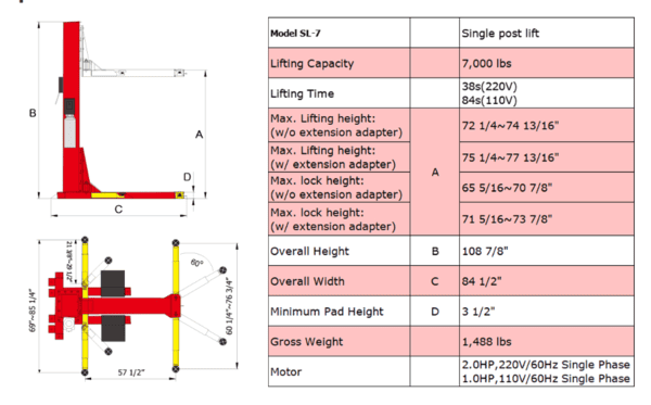 AMGO SL-7 Single Post Car Lift – 7,000 lb Capacity