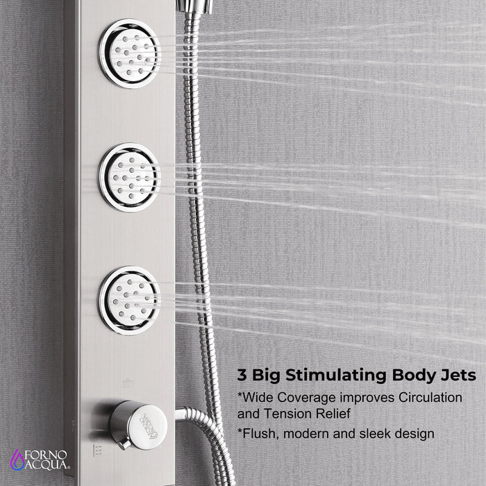 Forno Acqua AcquaSPA Shower Panel in Stainless Steel, Overhead Rainfall Shower, Handheld Shower Head, Body Jets, 1.8 GPM Flow Rate