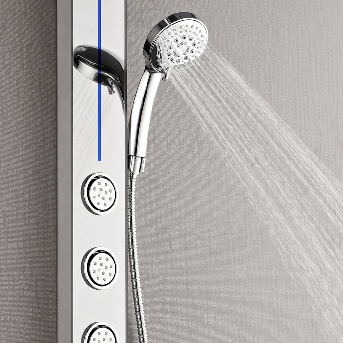 Forno Acqua AcquaSPA Shower Panel with SensoTEMP, Mirrored Stainless Steel Finish, Overhead Rainfall Shower, Handheld Shower Head, Body Jets, 1.8 GPM Flow Rate