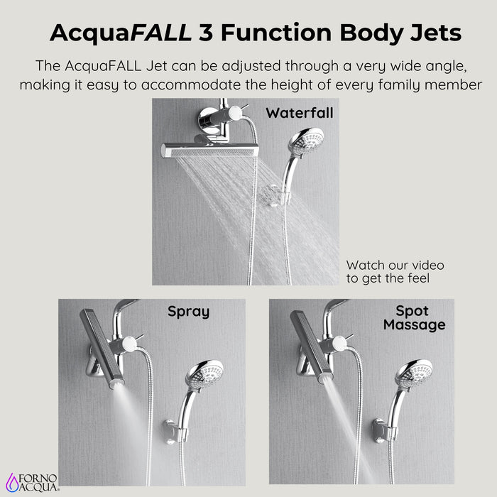 Forno Acqua AcquaFALL Mini Shower Head, Polished Stainless Steel Finish, Overhead Rainfall Shower, 7 Way Diverter, Handheld Shower Head, Body Jets, 1.8 GPM Flow Rate