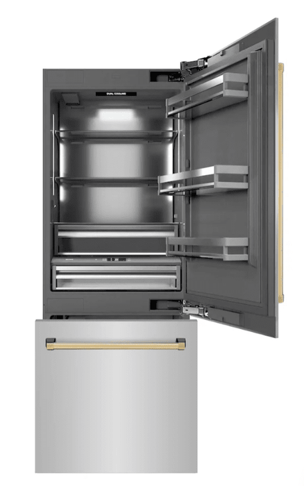 ZLINE Autograph Edition 30 in. 16.1 cu. ft. Built-In Bottom Freezer Refrigerator with Water Dispenser and Ice Maker in Stainless Steel with Graphite Gray Interior and Polished Gold Accents (GRBIVZ-304-30G)