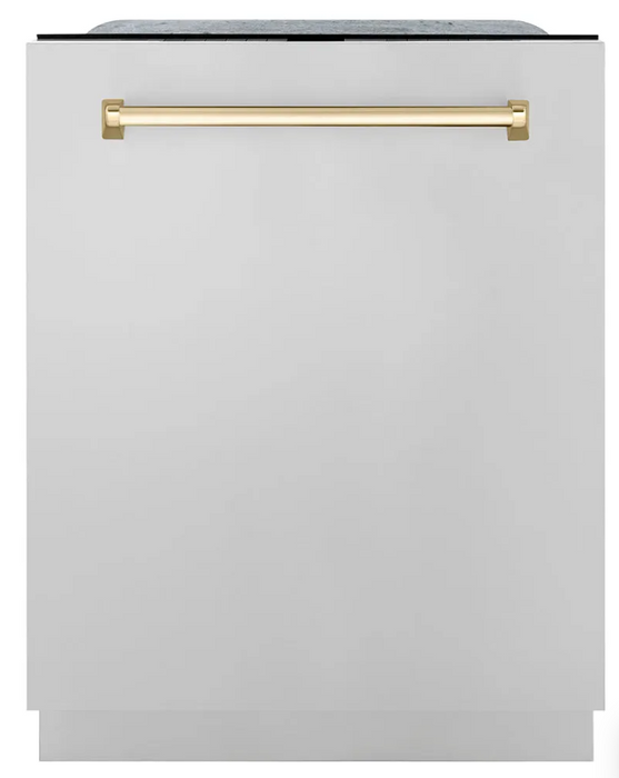 ZLINE Autograph Edition 24 in. Monument Series 3rd Rack Dishwasher with Auto Door Open Drying, 44dBa, Stainless Steel Panel with Polished Gold Handle (DWMTZ-304-24-G)