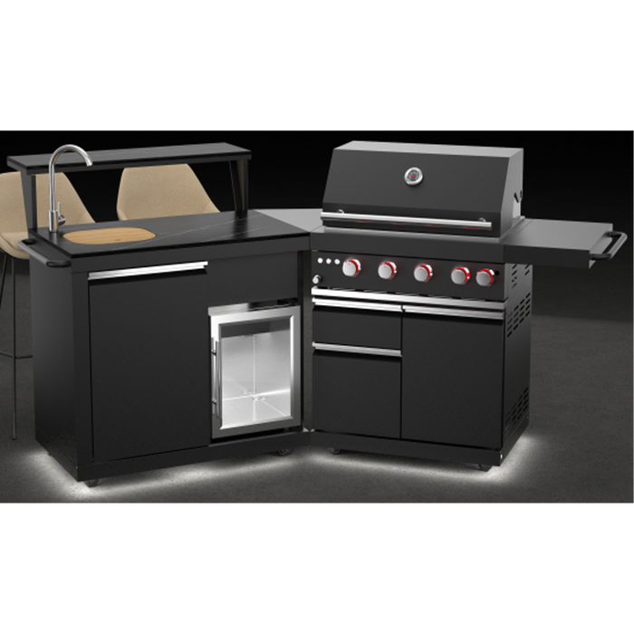 Forno All'Aperto 62,600 BTU BBQ with 3 Stainless-Steel Burners & Infrared Burners & Sink Module with Black Sintered Stone Countertops, Bar & Beverage Center