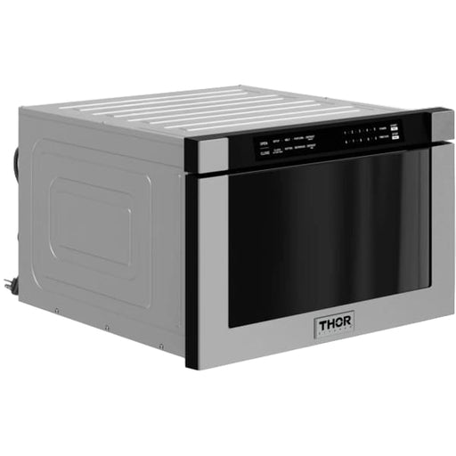 Stainless steel microwave oven with black display, featuring the Thor brand.