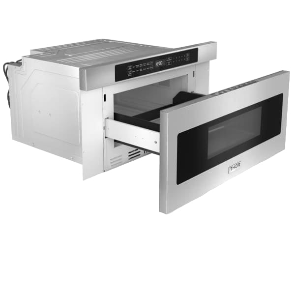 Stainless steel microwave oven with open door