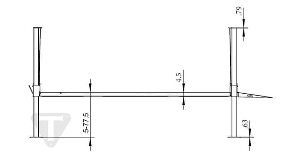 Dimensions diagram of Triumph NOS9000 Car Lift Four Post showing height, length, and width measurements