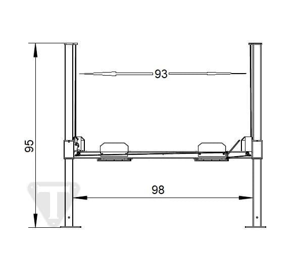 Triumph NOS9000 Car Lift Four Post showing overall height measurement of 95 inches
